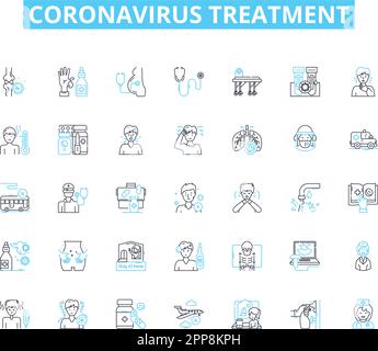Coronavirus-Behandlung lineare Symbole gesetzt. Impfstoff, Remdesivir, Hydroxychloroquin, Sauerstoff, Ventilator, Antibiotika, Virustatika-Linienvektor und Konzept Stock Vektor