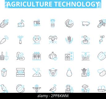 Lineare Symbole für Landwirtschaftstechnologie. Bewässerung, Biotechnologie, Genetik, Nachhaltigkeit, Agronomie, Nanotechnologie, Viehleinenvektor und Stock Vektor