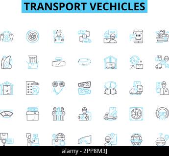 Lineare Symbole für Transportfahrzeuge festgelegt. Automobile, Busse, Autos, Fahrräder, Lieferung, Elektrische, Fleet-Line-Vektor- und Konzeptschilder. Fracht, Hovercraft Stock Vektor