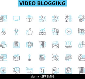 Lineare Symbole für Video-Blogging eingestellt. Vlogging, Youtube, Bloggen, Inhalt, Influencer, Kamera, Bearbeiten von Linienvektoren und Konzeptzeichen. Kanal,Hochladen Stock Vektor