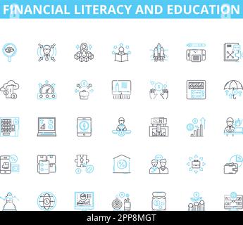Lineare Symbole für Finanzkompetenz und Bildung. Budgetierung, Sparen, Investitionen, Kredite, Schulden, Zins-, Budgetlinienvektor- und Konzeptzeichen Stock Vektor