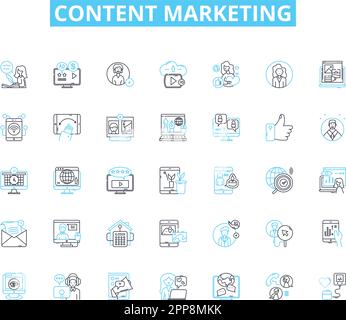 Lineare Symbole für Content-Marketing. Strategie, Blogs, Infografiken, Videos, soziale Medien, SEO, Analytics Linienvektor und Konzeptzeichen. Branding Stock Vektor