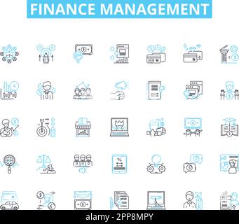 Lineare Symbolgruppe für Finanzmanagement. Budgetierung, Buchhaltung, Investitionen, Erträge, Ausgaben, Reporting, Analyse Linienvektor und Konzeptzeichen Stock Vektor