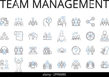 Kollektion der Liniensymbole für das Teammanagement. Projektkoordinierung, Führungskompetenzen, Personalaufsicht, Gruppenmanagement, Mitarbeiter Stock Vektor