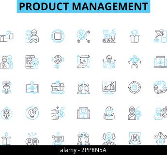 Linearer Symbolsatz für Produktmanagement. Strategie, Roadmap, Priorisierung, Vorstellungskraft, Analyse, Entwicklung, Startlinienvektor und Konzeptzeichen Stock Vektor