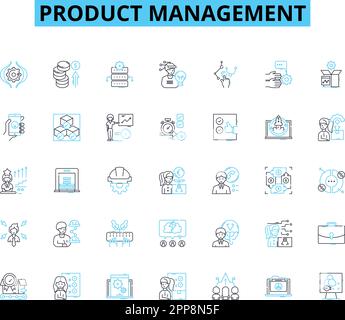 Linearer Symbolsatz für Produktmanagement. Strategie, Roadmap, Priorisierung, Vorstellungskraft, Analyse, Entwicklung, Startlinienvektor und Konzeptzeichen Stock Vektor