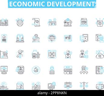 Wirtschaftliche Entwicklung Lineare Symbole gesetzt. Innovation, Wachstum, Investitionen, Nachhaltigkeit, Produktivität, Fortschritt, Wohlstandslinienvektor und Konzept Stock Vektor
