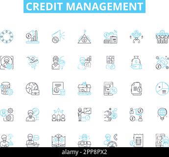 Lineares Symbolset für Kreditmanagement. Budgetierung, Schulden, Score, Berichte, Risiko, Überwachung, Linienvektor und Konzeptzeichen für Zahlungen. Zinsen, Einzüge Stock Vektor