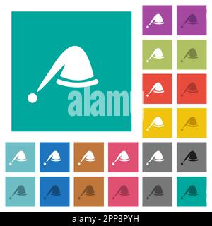 Weihnachtsmütze mehrfarbige flache Symbole auf einfarbigen quadratischen Hintergründen. Enthält weiße und dunklere Symbolvarianten für Mouseover oder aktive Effekte. Stock Vektor
