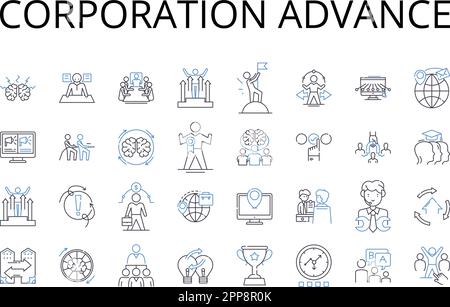 Corporation Advance Line Icons Sammlung. Unternehmenswachstum, Fortschritt der Agentur, Verbesserung der Organisation, Geschäftswachstum, Unternehmensentwicklung, Einrichtung Stock Vektor