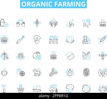 Linearer Symbolsatz für ökologischen Landbau. Nachhaltigkeit, Boden, Pestizide, Pflanzen, Düngemittel, Kompost-, Biodiversitätslinienvektor- und Konzeptzeichen Stock Vektor
