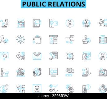 Lineare Public Relations-Symbole festgelegt. Kommunikation, Reputation, Branding, Medien, Krise, Messaging, Vektor und Konzeptzeichen Stock Vektor