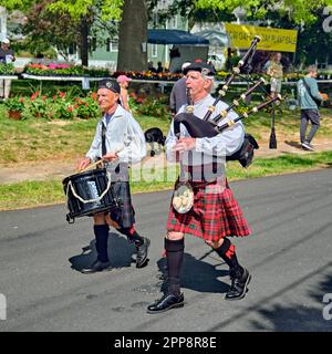 Ein Dudelsackspieler und ein Schlagzeuger leiten die Parade während der Feierlichkeiten zum Oxford Day in Oxford, Maryland, 22. April 2023 Stockfoto