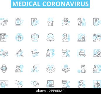 Medizinische Coronavirus lineare Symbole gesetzt. Pandemie, Ausbruch, Quarantäne, Ansteckend, Atmung, Ubertragung, Symptomlinienvektor und Konzeptzeichen Stock Vektor