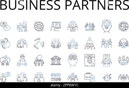 Sammlung der Liniensymbole von Geschäftspartnern. Collaborative Team, Cooperative Alliance, Joint Venture, Complementary Pair, Dynamic Duo, Symbiotisch Stock Vektor