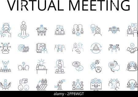 Symbolsammlung für virtuelle Besprechungszeilen. Onlinekonferenz, Digitale Zusammenstellung, Remote-Präsentation, Cyber-Assemblierung, Webinar-Sitzung, Videochat Stock Vektor