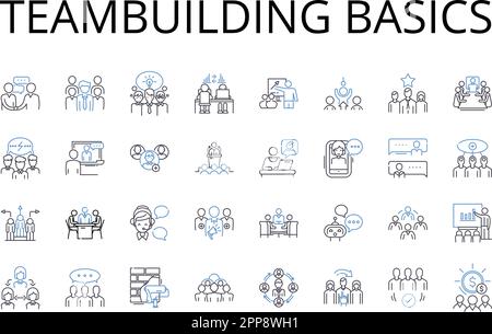 Kollektion mit Liniensymbolen für Teambuilding-Grundlagen. Grundlagen der Führung, Kommunikationsfähigkeiten, Konfliktlösung, Zeitmanagement, Projektmanagement Stock Vektor