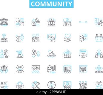 Lineare Symbole der Community festgelegt. Inklusion, Vielfalt, Support, Verbindung, Zusammenarbeit, Zugehörigkeit, Bindungslinien und Konzeptzeichen. Einheit Stock Vektor