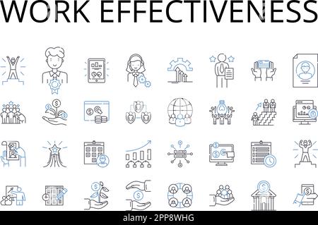 Symbolsammlung für Arbeitseffektivität. Teamsynergie, Mitarbeiterbindung, Aufgabeneffizienz, Produktivität bei Meetings, Zeitmanagement, Nutzung von Fähigkeiten Stock Vektor