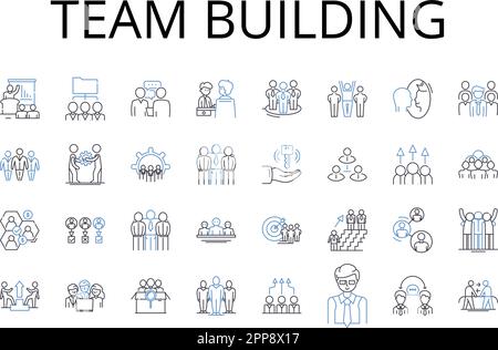 Team Building Line Icons Kollektion. Bindungsübungen, Gruppenaktivitäten, Zusammenarbeitsveranstaltungen, Partnerschaftsentwicklung, gegenseitiges Verständnis Stock Vektor