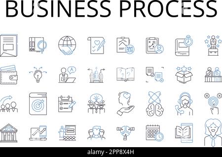 Symbolsammlung für Geschäftsprozesszeilen. Fertigungsstraße, Betriebsablauf, Arbeitsablauf, Aufgabenfolge, Rahmenplan, Betätigungsmechanismus Stock Vektor