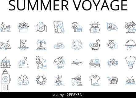 Summer Voyage Line Icons Kollektion. Strandausflug, Winterurlaub, Bergexpedition, tropischer Urlaub, Stadtbesichtigung, Ozeanabenteuer, Wüste Stock Vektor