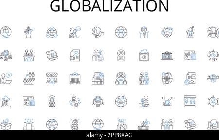 Symbolsammlung für Globalisierungslinien. Zusammenarbeit, Vertrauen, Gleichheit, Verständnis, Höflichkeit, Erkennung, Harmonivektor und lineare Darstellung Stock Vektor