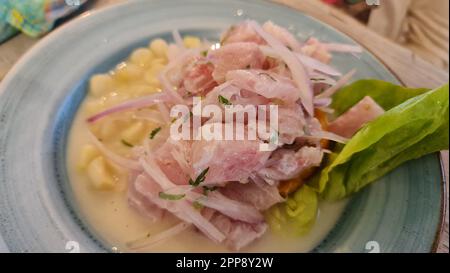 Ceviche ist ein beliebtes lateinamerikanisches Gericht mit rohen Meeresfrüchten, mariniert in Zitronensäften, gewürzt mit Kräutern und Gewürzen und gekühlt serviert. Stockfoto