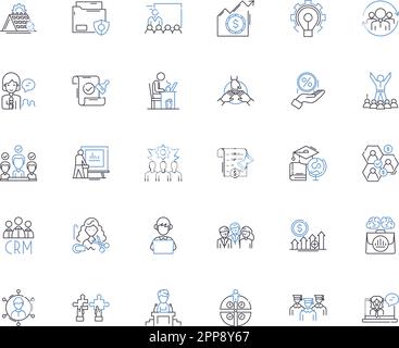 Symbolsammlung für die Ausgabezeile „Arbeit“. Effizienz, Produktivität, Output, Leistung, Workload, Kapazität, Stakeholder-Vektor und lineare Darstellung Stock Vektor