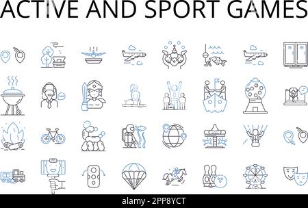 Ikonensammlung für aktiv- und Sportspiele. Dynamischer Sport, energiegeladene Spiele, kräftige sportliche Aktivitäten, lebendige Erholung, körperliche Belastung Stock Vektor
