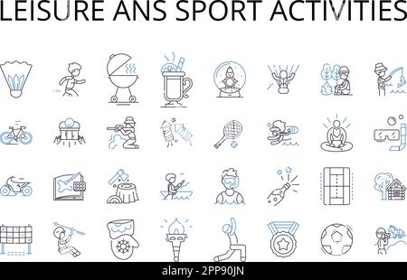 Freizeit- und Sportaktivitäten Line Icons Kollektion. Erholung, Unterhaltung, Verfolgungsjagden, Vergnügungen, Hobbys, Zeitvertreib, Spiele, Vektor und linear Stock Vektor