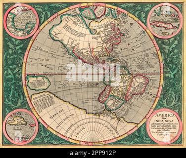 Farbige antike Karte der Neuen Welt (Amerika) c. 1607 von Michael Mercator, Flämisch (1567-1614), America sive India Nova (Amerika und New India) Stockfoto