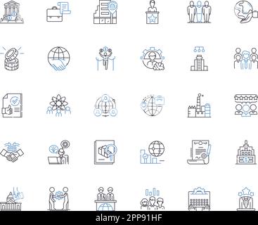 Icons-Kollektion der Global Economy Line. Vernetzung, Integration, Wettbewerb, Märkte, Handel, Austausch, Vektor exportieren und lineare Darstellung Stock Vektor