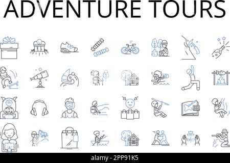 Adventure Tours Line Icons Kollektion. Öko-Reisen, Kulturtouren, Wildlife Safaris, Strandausflüge, Städtereisen, Kulinarische Ausflüge, Flussrundfahrten Stock Vektor