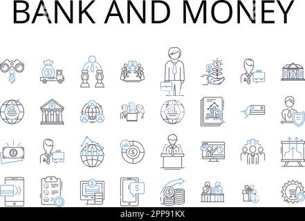 Symbolsammlung für Bank- und Geldlinien. Finanzinstitut, Bargeld, Finanzen, Vermögen, Kapital, Investition, Fondsvektor und lineare Darstellung. Währung Stock Vektor