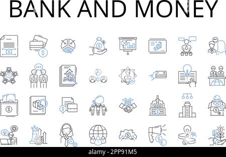 Symbolsammlung für Bank- und Geldlinien. Finanzinstitut, Bargeld, Finanzen, Vermögen, Kapital, Investition, Fondsvektor und lineare Darstellung. Währung Stock Vektor