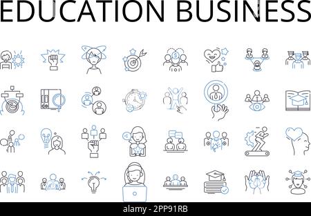 Symbolsammlung für Geschäftsbereiche im Bildungsbereich. Lernendes Unternehmen, Bildungsmarkt, Wissensbranche, akademischer Sektor, Studienfach, Schulung Stock Vektor