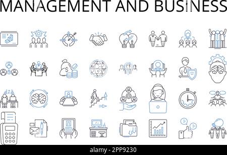 Symbolsammlung für Management und Geschäftsbereiche. Administration, Leadership, Governance, Supervision, Direction, Kontrolle, Koordinationsvektor und linear Stock Vektor