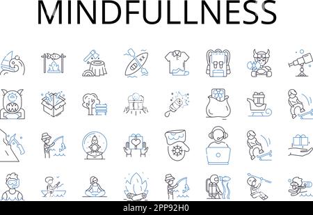 Mindfullness Line Icons Kollektion. Selbstwahrnehmung, Selbstwahrnehmung, Selbstreflexion, innerer Frieden, Anwesenheit des Geistes, Konzentrierter Gedanke, konzentriert Stock Vektor