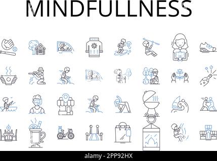 Mindfullness Line Icons Kollektion. Selbstwahrnehmung, Selbstwahrnehmung, Selbstreflexion, innerer Frieden, Anwesenheit des Geistes, Konzentrierter Gedanke, konzentriert Stock Vektor