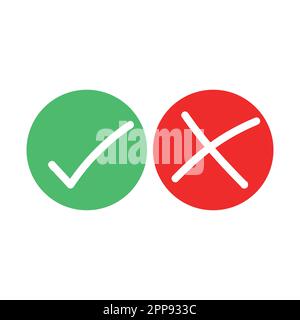 Zecken- und Kreuzpinsel-Zeichen. Grünes Häkchen OK und rotes X-Symbol, isoliert auf weißem Hintergrund. Einfaches Grafikdesign für Marken. Symbole JA und NEIN Stock Vektor