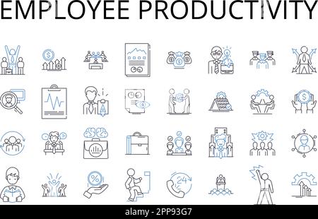 Symbolsammlung für die Linien der Mitarbeiterproduktivität. Arbeitszufriedenheit, Arbeitseffizienz, Arbeitsleistung, Mitarbeitereffizienz, Leistungspotenzial, Mitarbeiter Stock Vektor