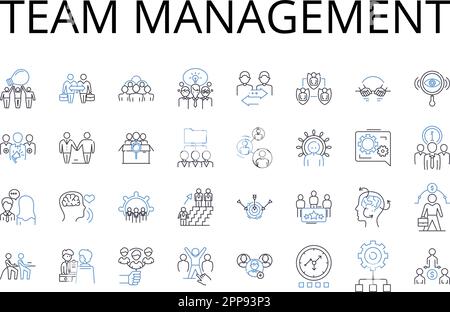 Kollektion der Liniensymbole für das Teammanagement. Projektkoordinierung, Führungskompetenzen, Personalaufsicht, Gruppenmanagement, Mitarbeiter Stock Vektor