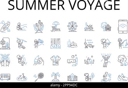 Summer Voyage Line Icons Kollektion. Strandausflug, Winterurlaub, Bergexpedition, tropischer Urlaub, Stadtbesichtigung, Ozeanabenteuer, Wüste Stock Vektor