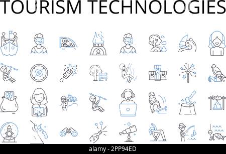 Tourismustechnologien Kollektion mit Symbolen. Künstliche Intelligenz, soziale Medien, Virtual Reality, mobile Anwendungen, E-Commerce, Online-Marketing Stock Vektor