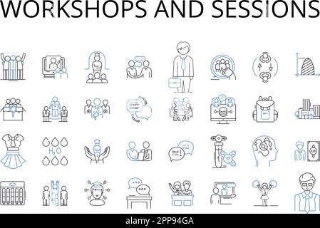 Symbolsammlung für Workshops und Sitzungen. Seminare und Vorträge, Vorträge und Reden, Kurse und Tutorials, Konferenzen und Symposien, Sitzungen Stock Vektor