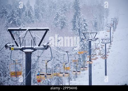 Skigebiet Teletsky Altai in den Winterbergen bei Iogach. Aufzug auf dem Berg und Waldhintergrund bei Schneefall. Stockfoto