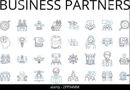 Sammlung der Liniensymbole von Geschäftspartnern. Collaborative Team, Cooperative Alliance, Joint Venture, Complementary Pair, Dynamic Duo, Symbiotisch Stock Vektor