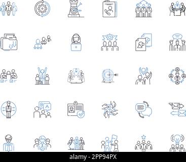 Symbolsammlung für strategische Planung. Analyse, Bewertung, Budgetierung, Kommunikation, Kriterien, Entscheidungsfindung, Entwicklungsvektor und linear Stock Vektor