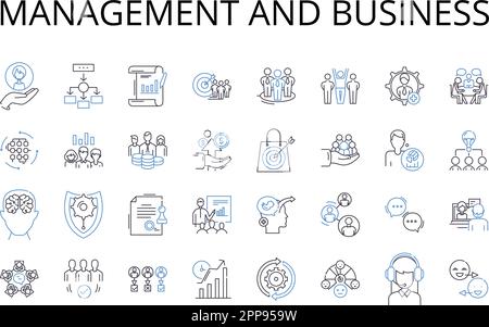 Symbolsammlung für Management und Geschäftsbereiche. Administration, Leadership, Governance, Supervision, Direction, Kontrolle, Koordinationsvektor und linear Stock Vektor
